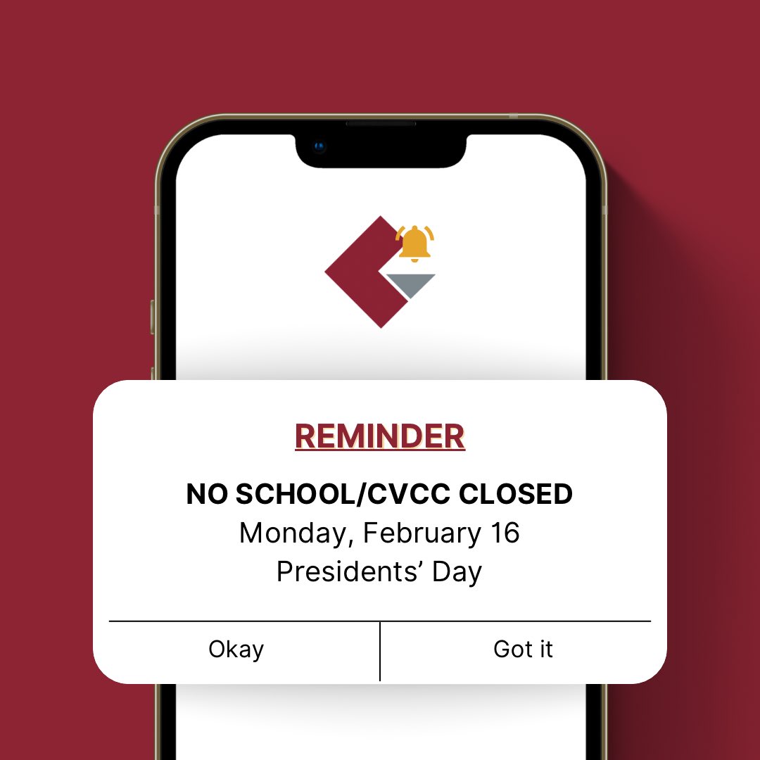 Reminder that CVCC will be closed tomorrow in observance of Presidents’ Day. We hope you had a lovely Valentine’s Day — we’ll see you on Tuesday! 

#PresidentsDay #CVCC #SchoolClosure