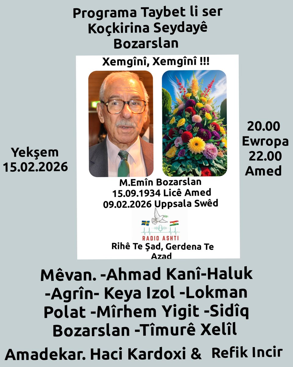 Bi xêrbên Radio Ashti Weşana zindi li ser Koçkirina Seyda M.Emîn Bozarslan 
youtube.com/live/hNBZBDpXr…