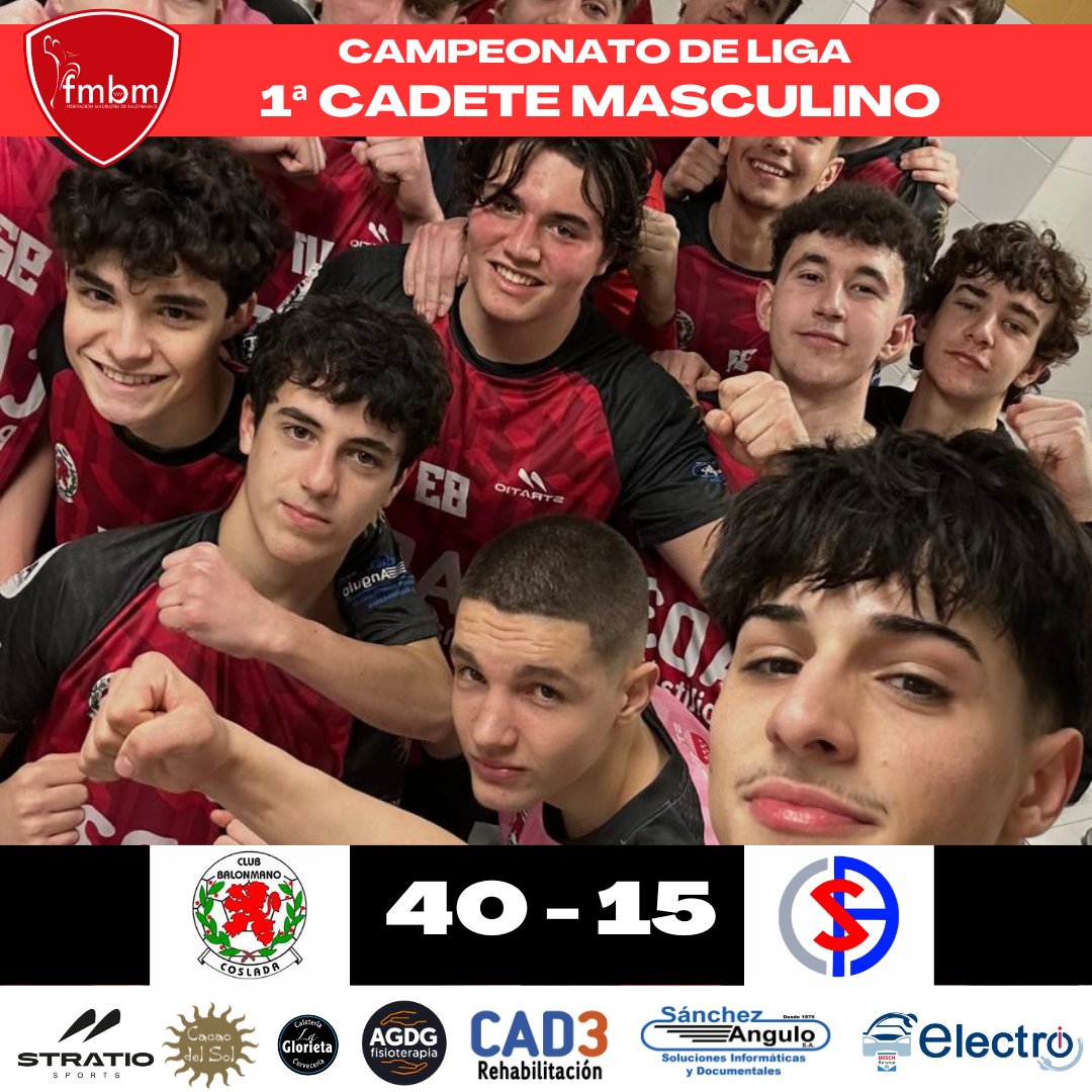 CAMPEONATO DE LIGA 🤾‍♂️🤾

🤾‍♂️Jornada 14 de febrero (1ª Cadete masculino)

➡️J15 - Grupo único
BM Coslada 40 🆚 Agustinos Madrid 15

#vamoscoslada❤️💚

#patrocinadores
cad3servicios.com
@electroicoslada
@fisioterapia_agdg
<a href="/sanchezangulo/">nysa</a>.sa
<a href="/cacaodelsol/">Cacao Del Sol Chocolate Shop</a>.es