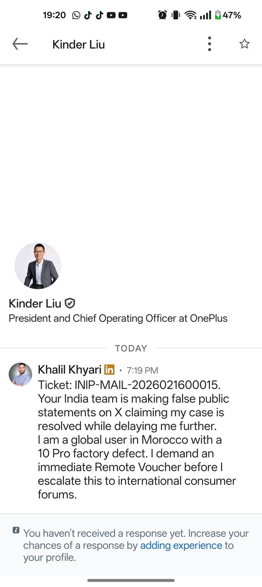 KhalilKhyari's tweet image. Update: I’ve just escalated Case INIP-MAIL-2026021600015 directly to @kinderliu on LinkedIn. @OnePlus_IN, your false public claims about 'concluding' the case won't work anymore. The world is watching how you treat global users. #OnePlusScam #GreenLine #ConsumerRights