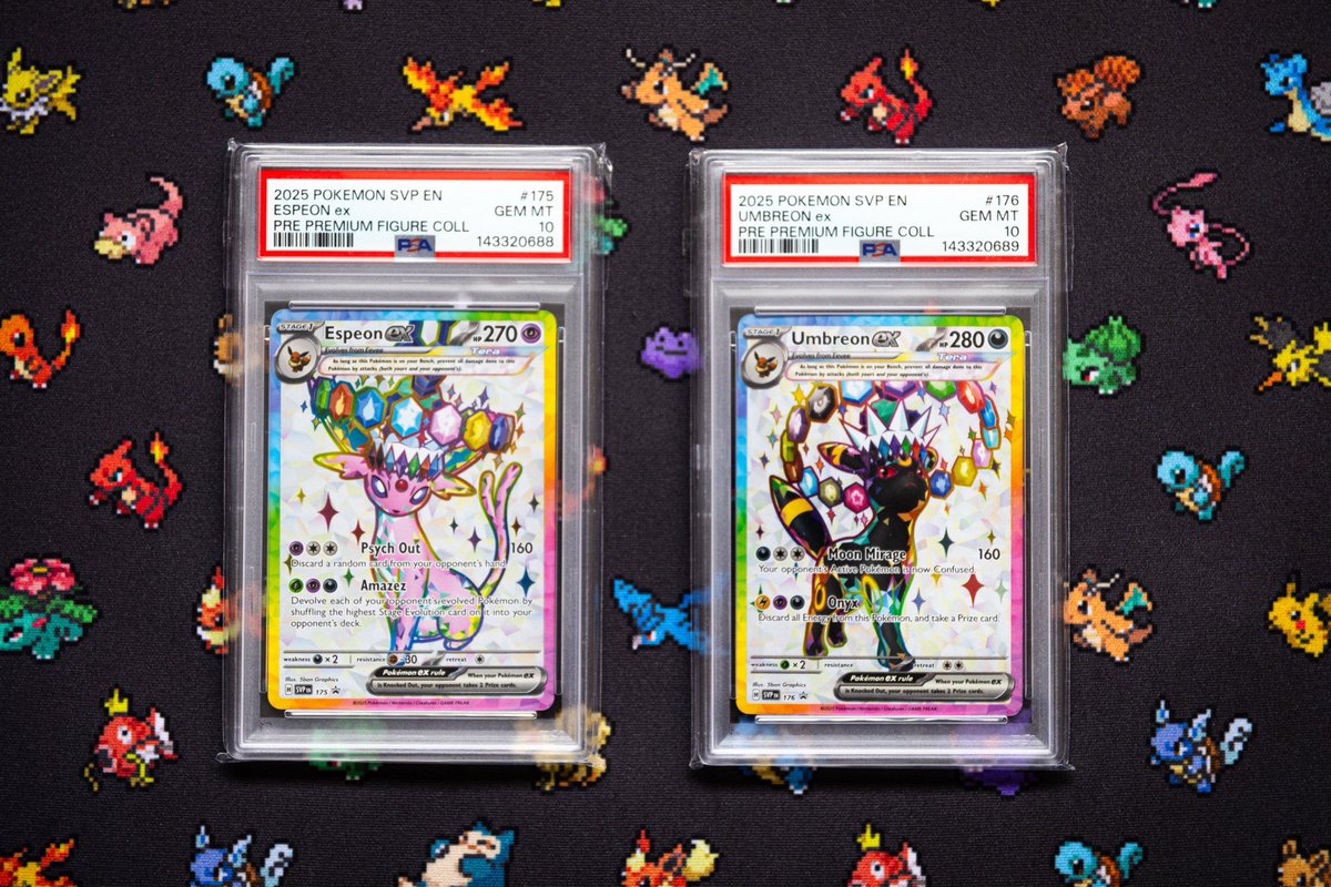 Umbreon &amp; Espeon PSA 10 Waffle 😳

$12 per spot
67 spots

Winner takes both. 2nd place gets $25. Max 8 per person. Last trainer standing, Live on YouTube. Comment below or DM to claim. Payment not due until full. 

Retweets appreciated 💫 #Pokemon