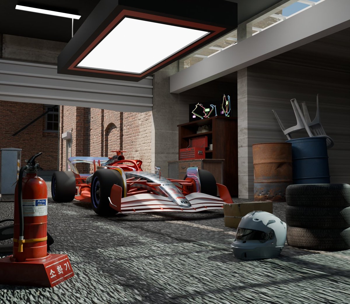 Elvisactive's tweet image. Decided to go out of my comfort zone for this one..
F1 garage made and rendered in blender cycles.
Lots of lessons from this project especially on the lighting setup 
#b3d #F1PL #F12026 #3dart #3DCG #Visuals #art