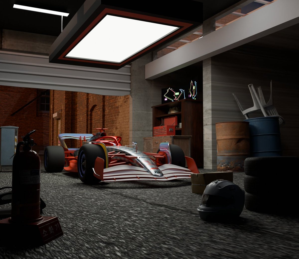 Elvisactive's tweet image. Decided to go out of my comfort zone for this one..
F1 garage made and rendered in blender cycles.
Lots of lessons from this project especially on the lighting setup 
#b3d #F1PL #F12026 #3dart #3DCG #Visuals #art
