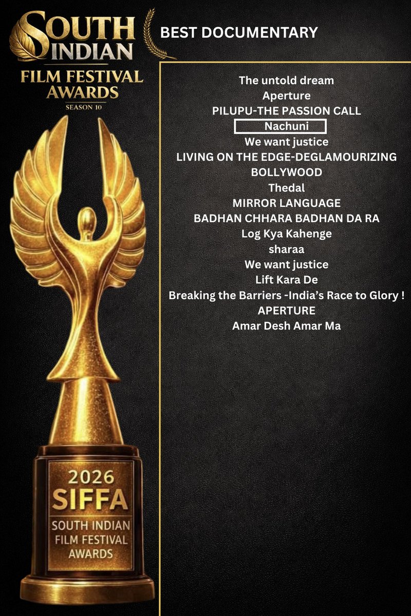 deb_g's tweet photo. I'm happy to share that for the 3rd time I got selected as a WINNER - 10TH SOUTH INDIAN FILM FESTIVAL AWARDS for my debut Documentary "Nachuni" .

It has been recognised in the below categories : 
Best Producer, Cinematography, Director ,Screenplay , Editor etc.. https://t.co/miDDEx8z5M