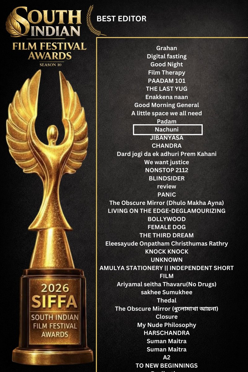 deb_g's tweet photo. I'm happy to share that for the 3rd time I got selected as a WINNER - 10TH SOUTH INDIAN FILM FESTIVAL AWARDS for my debut Documentary "Nachuni" .

It has been recognised in the below categories : 
Best Producer, Cinematography, Director ,Screenplay , Editor etc.. https://t.co/miDDEx8z5M