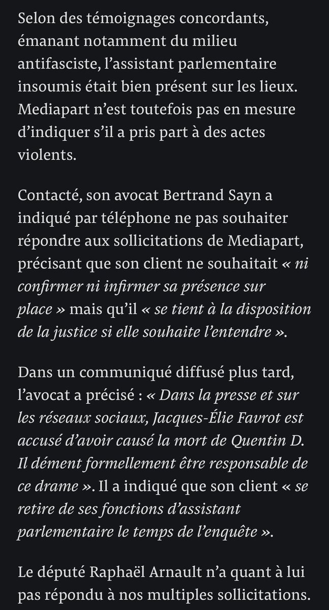 🚨 Mediapart confirme ce soir la présence de l’assistant parlementaire du député d’extrême-gauche Raphaël Arnault sur les lieux du crime ayant conduit à la mort de #Quentin au moment des faits…