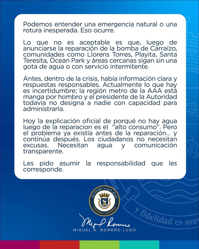 Alcalde de San Juan vuelve a expresar insatisfacción con Acueductos.