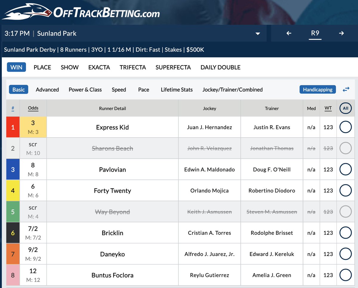 UPDATE:  Sunland Park Derby  |  Race 9

 SCRATCHED:         #2      Sharons Beach
                                     #5      Way Beyond

The $500 000 #SunlandParkDerby is worth 20 points on the Road to the Kentucky Derby!                  

BET NOW  >> OffTrackBetting.com