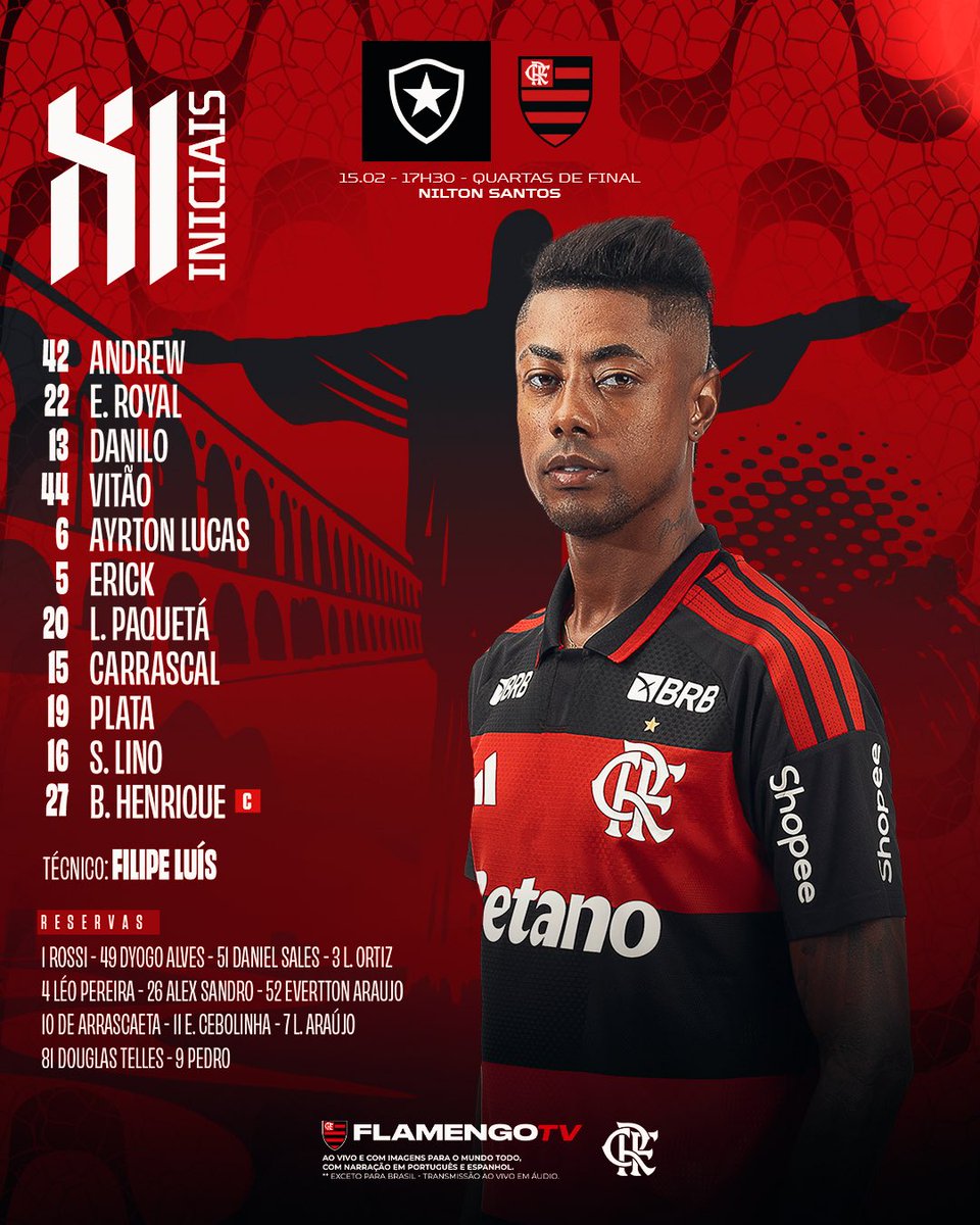 Flamengo's tweet image. NOSSO TIME É A GENTE EM CAMPO! 

Confira a #escalação do Mengão para enfrentar o Botafogo, pelas quartas do @Cariocao! 

#FLAxBOT