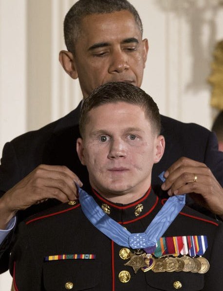 Kyle Carpenter before and after being wounded while deployed in Afghanistan.