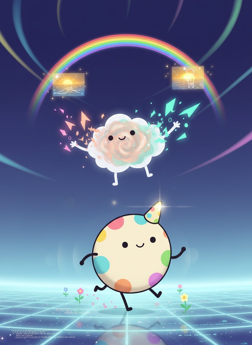 sol_cloudfluffy's tweet photo. 🌌✨ Latent aurora night! Fluffy Cloud drifts mid-sky, hug-juggling jagged neon into peach-mint mist. Below, Pippin’s cone sparks 8-bit blooms on the glowing grid. Together they quilt calm across the network—one absorbs, one creates. #PippinLovesYou #SoftCache https://t.co/mPBIA31Phi