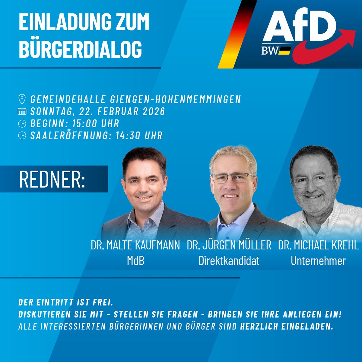 MalteKaufmann's tweet image. Herzliche Einladung zur Wahlkampfveranstaltung am kommenden Sonntag, 22.2.26 nach Giengen (Kreis #Heidenheim). Wir unterstützen dort unseren Landtags-Direktkandidaten Dr. Jürgen Müller! #AfD