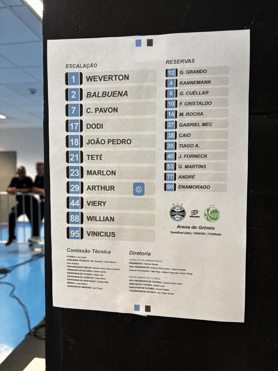 GRÊMIO ESCALADO

Weverton, João Pedro, Balbuena, Viery e Marlon; Dodi, Arthur, Tetê, Willian e Pavon; Carlos Vinicius