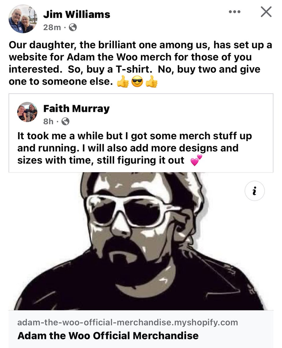 Here is the link! Official Adam The Woo Merch. All proceeds go to his family!  …oo-official-merchandise.myshopify.com/?fbclid=IwZXh0…