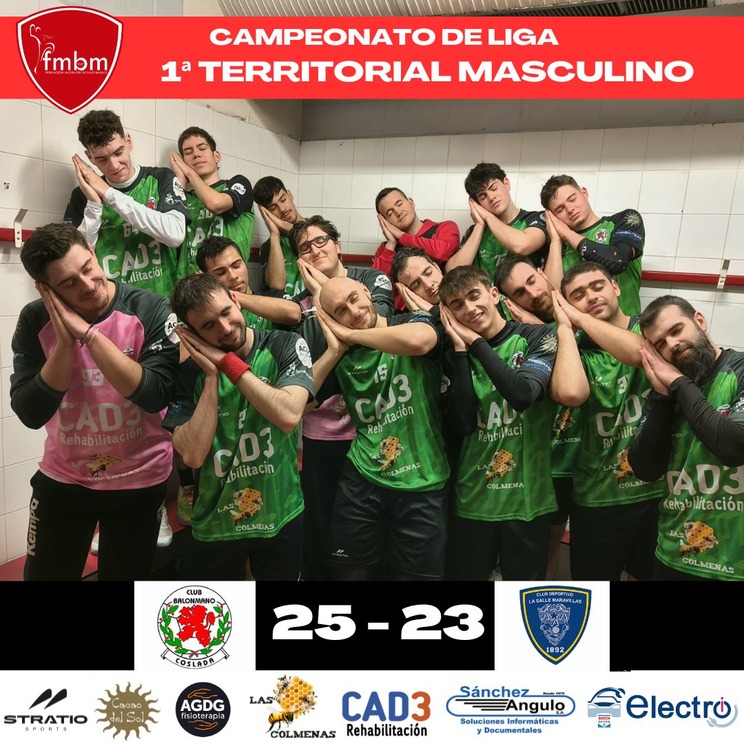 CAMPEONATO DE LIGA 🤾‍♂️🤾

🤾‍♂️Jornada 15 de febrero (1ª Territorial masculino)

➡️J14 - Grupo único
BM Coslada 25 🆚 BM Maravillas 23

#vamoscoslada❤️💚

#patrocinadores
cad3servicios.com
@electroicoslada
@fisioterapia_agdg
<a href="/sanchezangulo/">nysa</a>.sa
<a href="/cacaodelsol/">Cacao Del Sol Chocolate Shop</a>.es
@stratiosports