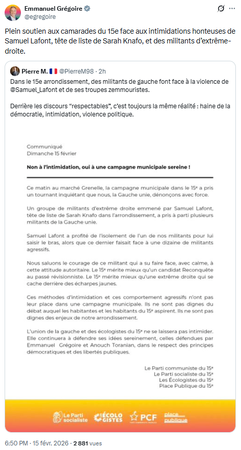 Samuel_Lafont's tweet photo. Vous mentez @egregoire et @IanBrossat.
Vous mentez et vous le savez !

VOS militants nous ont agressés verbalement. En nous insultant grossièrement. Je leur ai dit de se calmer.
VOUS provoquez. VOUS insultez. VOUS manipulez. Donc là VOUS mentez. 

Et vous me mettez une cible dans le dos, après le récent meurtre commis par l'extrême-gauche.

Pire, si vous connaissiez un minimum ma famille, vous n'auriez jamais osé, vraiment jamais osé me traiter de « révisionniste ».

Retirez-vous votre diffamation sur-le-champ ?