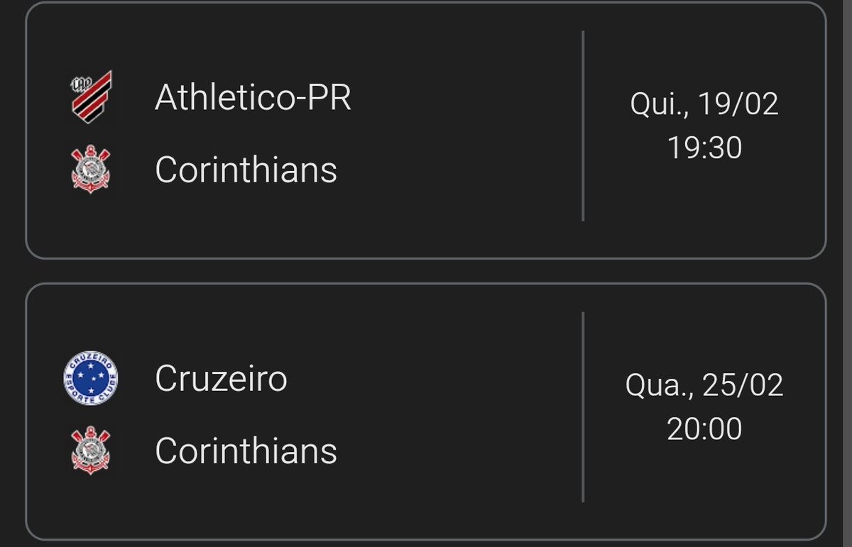 Os dois próximos confrontos do Corinthians no Brasileirão.

Será que ainda conseguiremos enfrentar o Super Cruzeiro do Tite ?