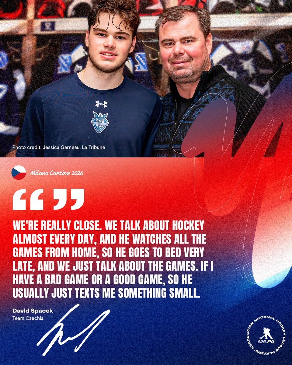 NHLPA's tweet photo. David Spacek has enjoyed a top-level education from one of the most storied players in Czechia hockey history – his father and storied Olympian, Jaroslav.
 
More from the pair and Tomas Plekanec, who has known David since he was 6: https://t.co/vKe0CfBrQR #MilanoCortina2026 https://t.co/Mq8OsTQGfc