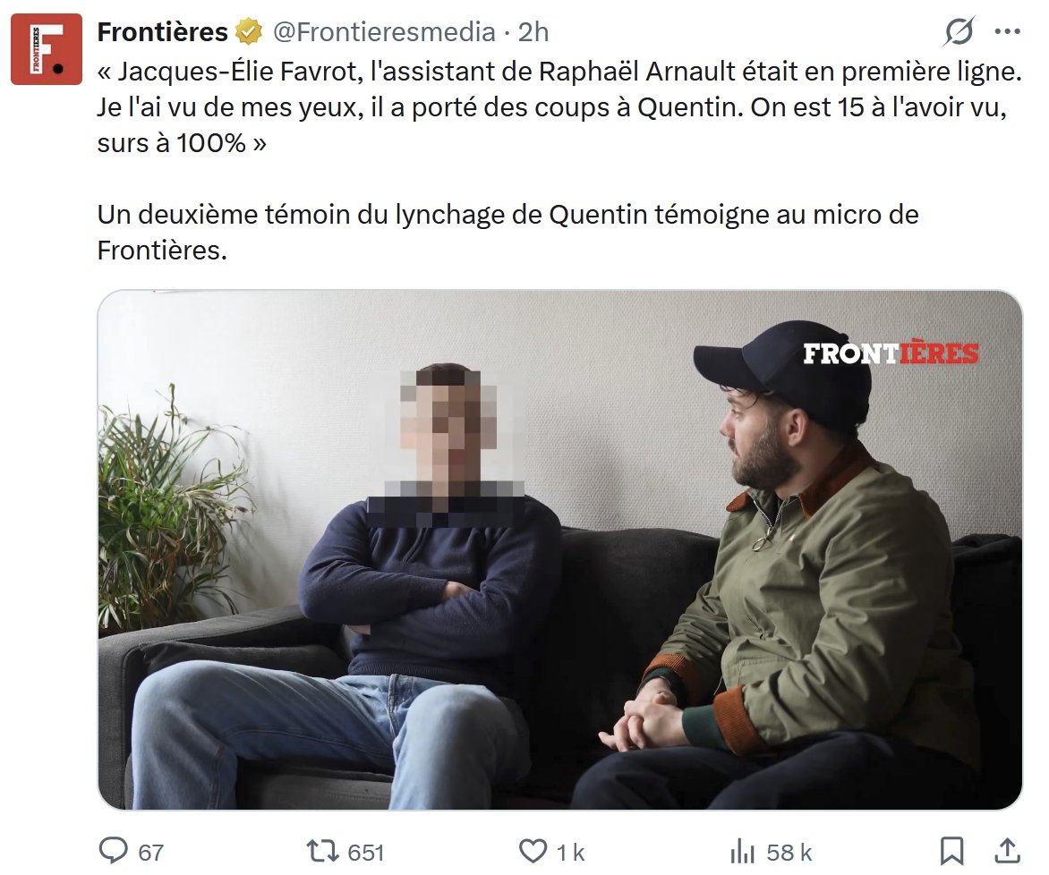 Un proche de Quentin charge la Jeune Garde sur le média d'extrême droite Frontières.

En revanche, il reconnait sans ambiguïté qu'ils étaient "15". Il s'agit bien d'une bagarre entre 2 groupes, et aucunement d'un "guet-apens".
Le groupe d'extrême droite aurait abandonné les siens