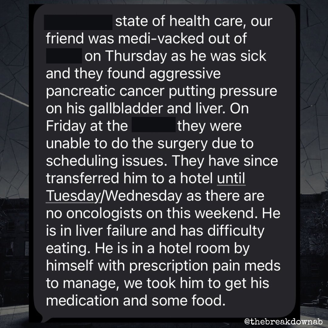 From the DM’s…

Healthcare in Alberta has apparently been so badly broken by the UCP that patients with deadly cancer aren’t able to get time critical surgery…

And are evidently put in hotel rooms for lack of space.

#abpoli #ableg #cdnpoli