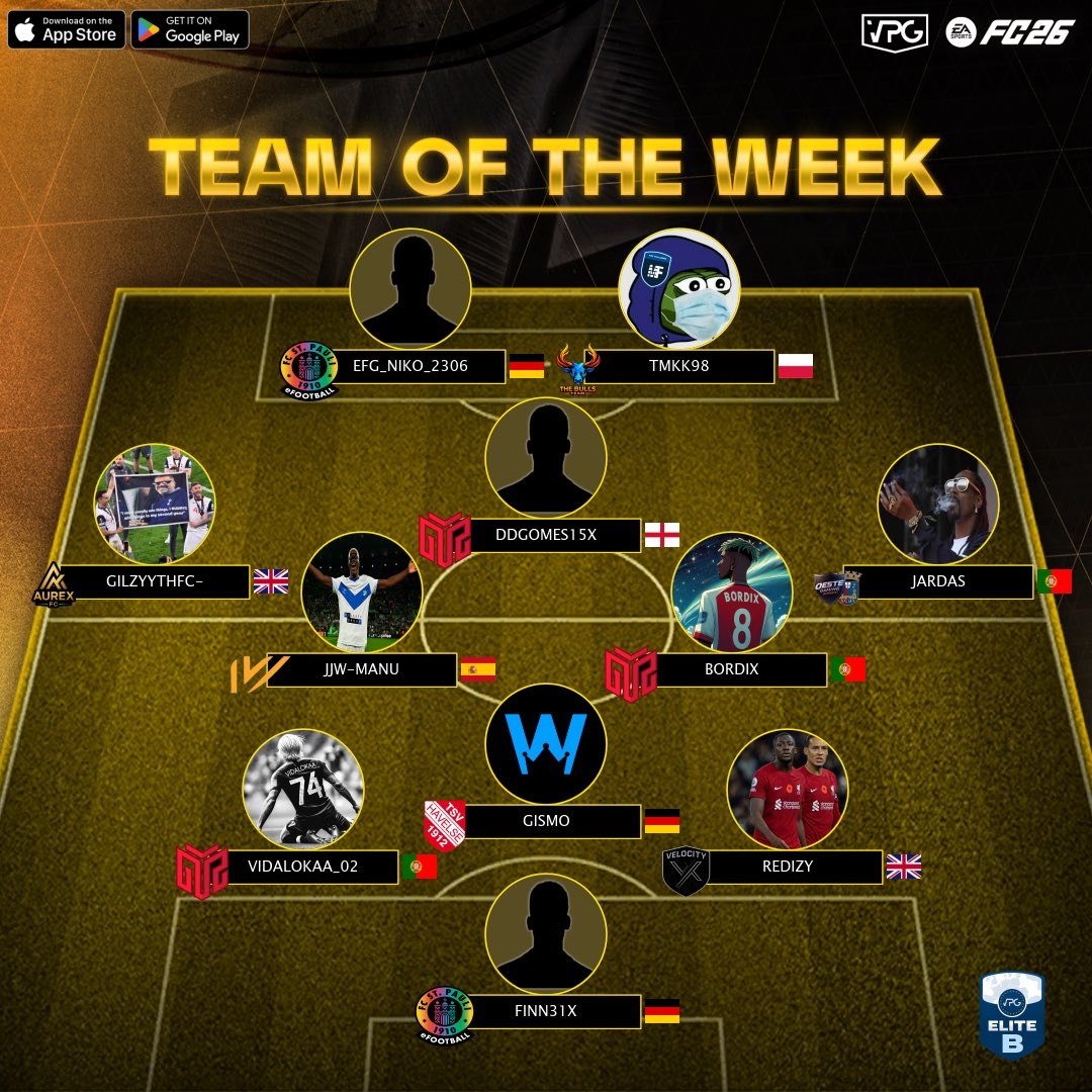 ⭐ Team of the week
📊 League Standings
⚽️ @easportsfc Competitive 11v11 
🗓️ Week 3
🏆 <a href="/VPGEurope/">Virtual Pro Gaming | Europe</a> - Elite B

1: <a href="/DvtkE37783/">DVTK eSport</a> 🇭🇺
2: <a href="/bunnyclubfc/">Bunny Club</a> 🏴󠁧󠁢󠁷󠁬󠁳󠁿 
3: @Oeste_gaming 🇵🇹 
4: <a href="/GTZEsports/">GTZ Esports</a> 🇵🇹 
5: AEK LARNACA eSports 🇳🇱 
6: <a href="/FcEvora/">F.C Évora</a> 🏴󠁧󠁢󠁥󠁮󠁧󠁿
7: <a href="/VexOficiaal/">VexOficial</a> 🇪🇸 
8: <a href="/TheBuLLsxeSport/">The Bulls Team</a> 🇵🇱 
9: