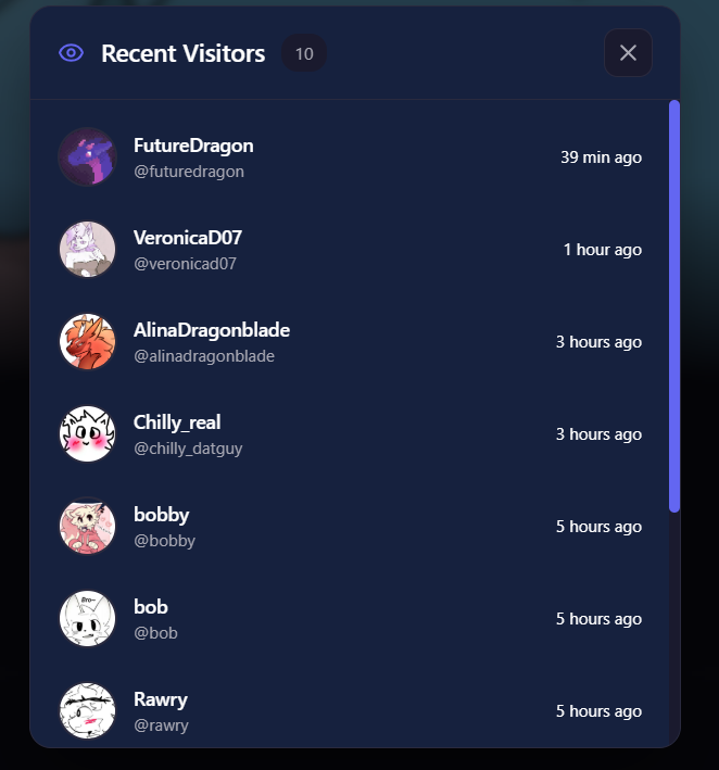 Furio_Official's tweet photo. Added recent visitors section, a list of people who checked your Furio profile! If you don't want your profile visits to be tracked, you can simply opt out of the service!

#furryfandom #furry #furio https://t.co/CwfVDDsNSZ
