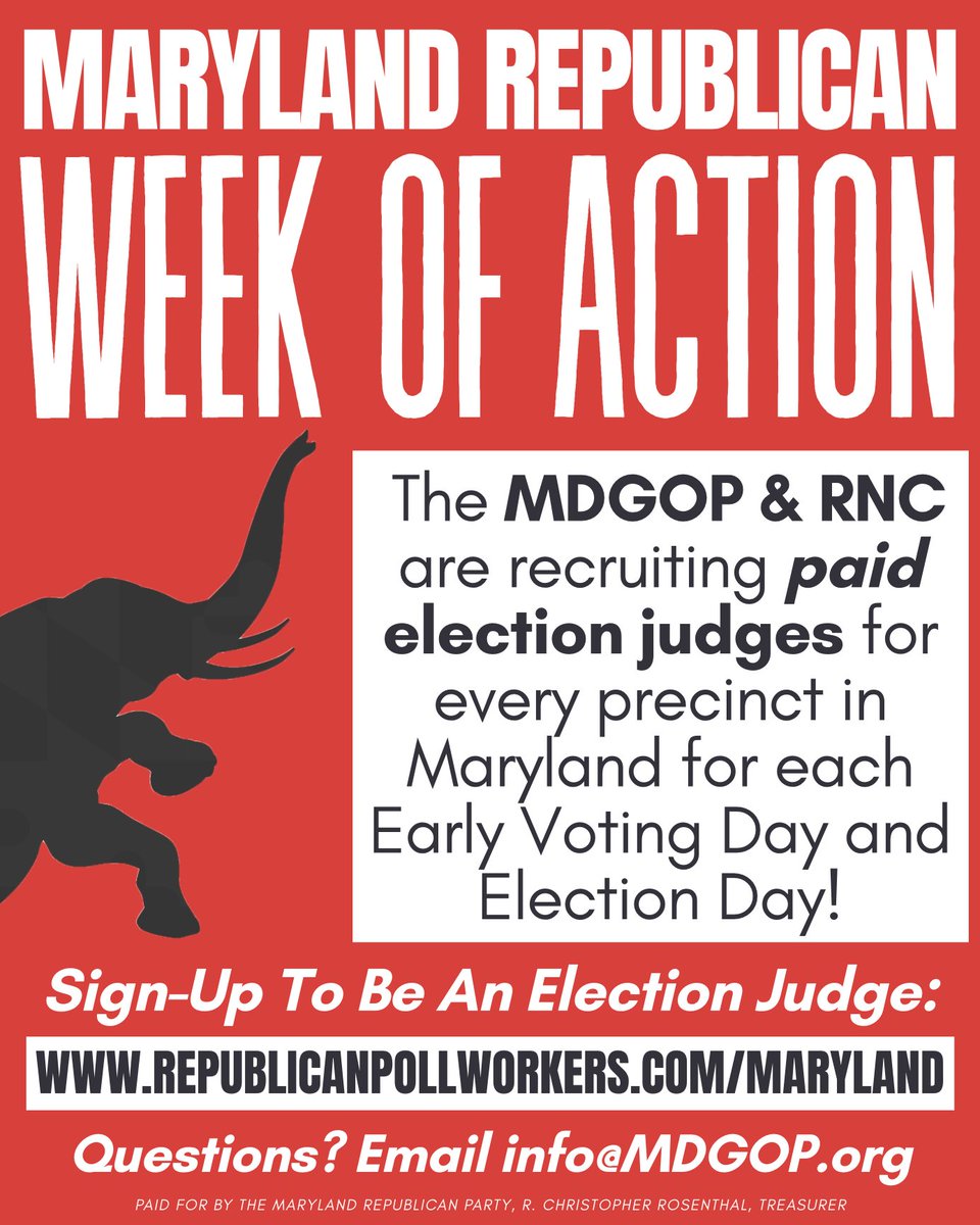 Election judges are our first line of defense for transparent, secure, and fair elections. We need all available Republicans to step up and serve!

Sign-up to be a PAID election judge here:
republicanpollworkers.com/maryland