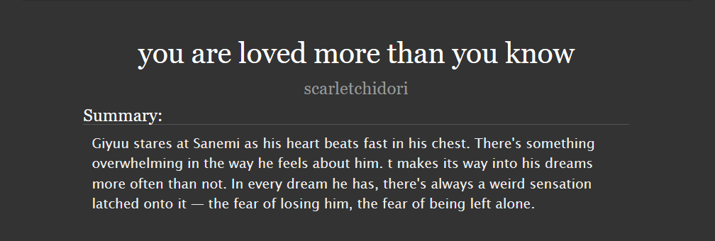 sanegiyuu hurt/comfort with a touch of angst (very light and brief) and softness because that's what they deserve <3  (thank you for organizing this event <3 i had so much fun!!!!)

link: archiveofourown.org/works/79612221