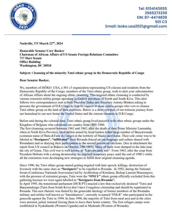 IsokoUSA's tweet photo. @HarianaVeras, for your documentation, #Tutsi and #Banyamulenge have alerted all the US administrations, and the most recently are the Biden and Trump administrations about the genocidal ideology against Congolese Tutsi.

See some excerpts of correspondence sent to both administrations.

If you are a journalist, you should be aware of the hate speech spread out by Congolese official media #RTNC by Congolese officials such General #Ekenge that aired on December 27th, on the Congolese Television as one of the most recent proofs, and others such as  #Justin #Bitakwira.

Hope your job will not be based not a propaganda to legitimize the genocidal ideology against #Tutsi #Banyamulenge that is currently going on in the high mountain of #Minembwe.

For your reference, you have two letters describing the situation of Congolese Tutsi during Biden and Trump administrations.

Genocidal ideology is real and is enabled by the Kinshasa government as detailed in these few correspondences of 2024 and 2025 (See attachment).
Until proof of the eradication of the genocidal ideology is proven with the trial of authors and actors of hate speech against #Tutsi in DRC.

Among them to face justice, the most prominent propagandas activists of hate speech against Congolese Tutsi are:

- General Sylvain Ekenge, former spokesperson of the Congolese Army (FARDC)
- Justin Bitakwira, member of parliament
- #Abdallah, the journalist of Congolese national Television, #RTNC
- Social media activists mostly in the USA such as #KalonjiTV #Mubenga who were recently warmly welcomed and received in Kinshasa by the President Tshisekedi, Prime Minister, and enabled by @PatrickMuyaya, Minister of Communication and Media, spokesperson of the government.

These few examples show a possible implication of the government of Kinshasa to enable hate speech and genocidal ideology against #Tutsi #Banyamulenge in DRC.

These ideologies helped the government to galvanize the recruitment of extremist militia mixed with #FDLR (Rwandan genocidal militia operating in DRC) is a generic label of "WAZALENDO".

Their most known slogan is to expel all "Rwandan in DRC (commonly known in Congo as #Tutsi) or send all "Rwandan" back to Rwanda.

These calls to expel the so-called "Rwanda" were followed by the nicknames such "Invaders", "Infiltrators", "foreigners", "people without land in Congo". These nicknames were used back in 1964-1965 in the so well-known "Kanyarwanda" where all Congolese of Rwanda heritage (Hutu &Tutsi) should be expelled out of Congo to Rwanda.

This “Kanyarwanda war” was well documented by Andre Navez, the US Consulate of Bukavu in South Kivu on October 29, 1965. See the excerpt on the next page.

Despite all peace accords signed b/w Rwanda and DRC or b/w AFCM23 and Kinshasa government, people #Minembwe in remotely high mountains of #SouthKivu are under blockade, bombarded by drones with a coalition of Congolese government forces allied to these Wazalendo militia and the Burundian Forces.

#Need #peace #Need #Justice #Stop #Tutsiphobia #Stop #genocidal #ideology #DRCongo 

@SenTedCruz @RepBrianMast @USAenFrancais @SenateForeign @houseforeign @AsstSecStateAF @DrJPPham @USEmbKinshasa  @statedeptspox @StateDept @StateDeputySpox @GeneralNeva @KagutaMuseveni @WilliamsRuto @antonioguterres @PaulKagame @onduhungirehe @PatrickMuyaya