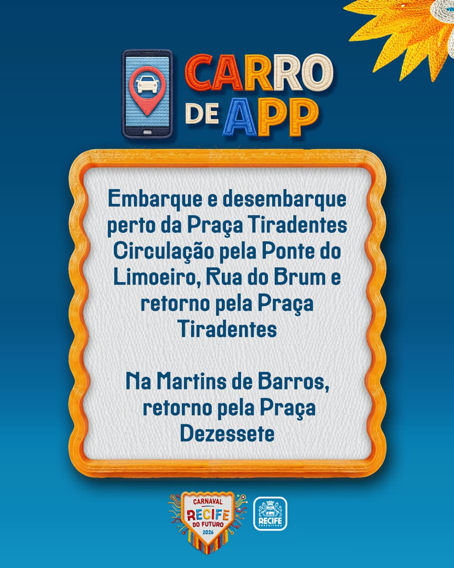 📱 Vai de Aplicativo para o #CarnavalRecife?

Fique atento aos locais de embarque/desembarque para evitar desencontros e facilitar sua viagem:

📍 Ponto Principal: Proximidades da Praça Tiradentes. 

🛣️ Circulação: O acesso será pela Ponte do Limoeiro.

#TransitoRecife