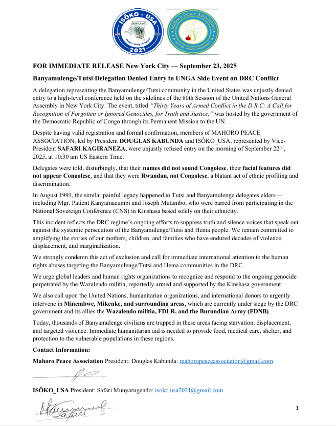 IsokoUSA's tweet photo. @HarianaVeras, for your documentation, #Tutsi and #Banyamulenge have alerted all the US administrations, and the most recently are the Biden and Trump administrations about the genocidal ideology against Congolese Tutsi.

See some excerpts of correspondence sent to both administrations.

If you are a journalist, you should be aware of the hate speech spread out by Congolese official media #RTNC by Congolese officials such General #Ekenge that aired on December 27th, on the Congolese Television as one of the most recent proofs, and others such as  #Justin #Bitakwira.

Hope your job will not be based not a propaganda to legitimize the genocidal ideology against #Tutsi #Banyamulenge that is currently going on in the high mountain of #Minembwe.

For your reference, you have two letters describing the situation of Congolese Tutsi during Biden and Trump administrations.

Genocidal ideology is real and is enabled by the Kinshasa government as detailed in these few correspondences of 2024 and 2025 (See attachment).
Until proof of the eradication of the genocidal ideology is proven with the trial of authors and actors of hate speech against #Tutsi in DRC.

Among them to face justice, the most prominent propagandas activists of hate speech against Congolese Tutsi are:

- General Sylvain Ekenge, former spokesperson of the Congolese Army (FARDC)
- Justin Bitakwira, member of parliament
- #Abdallah, the journalist of Congolese national Television, #RTNC
- Social media activists mostly in the USA such as #KalonjiTV #Mubenga who were recently warmly welcomed and received in Kinshasa by the President Tshisekedi, Prime Minister, and enabled by @PatrickMuyaya, Minister of Communication and Media, spokesperson of the government.

These few examples show a possible implication of the government of Kinshasa to enable hate speech and genocidal ideology against #Tutsi #Banyamulenge in DRC.

These ideologies helped the government to galvanize the recruitment of extremist militia mixed with #FDLR (Rwandan genocidal militia operating in DRC) is a generic label of "WAZALENDO".

Their most known slogan is to expel all "Rwandan in DRC (commonly known in Congo as #Tutsi) or send all "Rwandan" back to Rwanda.

These calls to expel the so-called "Rwanda" were followed by the nicknames such "Invaders", "Infiltrators", "foreigners", "people without land in Congo". These nicknames were used back in 1964-1965 in the so well-known "Kanyarwanda" where all Congolese of Rwanda heritage (Hutu &Tutsi) should be expelled out of Congo to Rwanda.

This “Kanyarwanda war” was well documented by Andre Navez, the US Consulate of Bukavu in South Kivu on October 29, 1965. See the excerpt on the next page.

Despite all peace accords signed b/w Rwanda and DRC or b/w AFCM23 and Kinshasa government, people #Minembwe in remotely high mountains of #SouthKivu are under blockade, bombarded by drones with a coalition of Congolese government forces allied to these Wazalendo militia and the Burundian Forces.

#Need #peace #Need #Justice #Stop #Tutsiphobia #Stop #genocidal #ideology #DRCongo 

@SenTedCruz @RepBrianMast @USAenFrancais @SenateForeign @houseforeign @AsstSecStateAF @DrJPPham @USEmbKinshasa  @statedeptspox @StateDept @StateDeputySpox @GeneralNeva @KagutaMuseveni @WilliamsRuto @antonioguterres @PaulKagame @onduhungirehe @PatrickMuyaya
