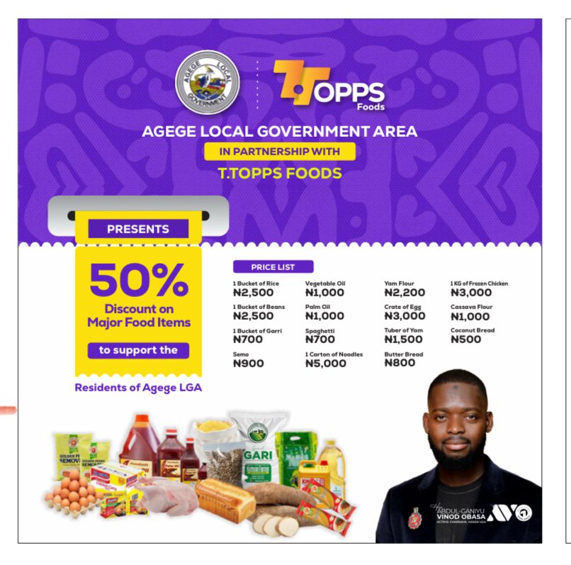 AgegeLGInfo's tweet photo. Agege Local Government in a strategic partnership with T.TOPPS Foods, successfully organised a subsidised food market today in Agege.
Essential food items were available for sale to Agege residents at 50% discount to ease the cost of living.
#ANewAgegeIsRising
#AvoIsWorking https://t.co/xBX4A2r1cL