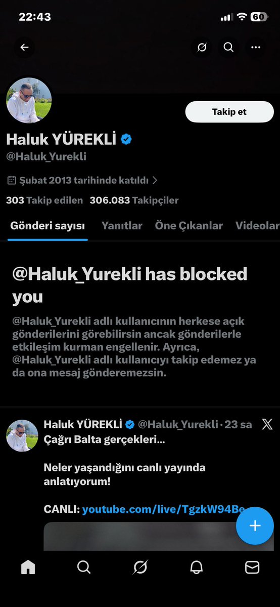 Galatasaraylı troll Haluk yürekli beni engellemiş gurur ve onur duyarım