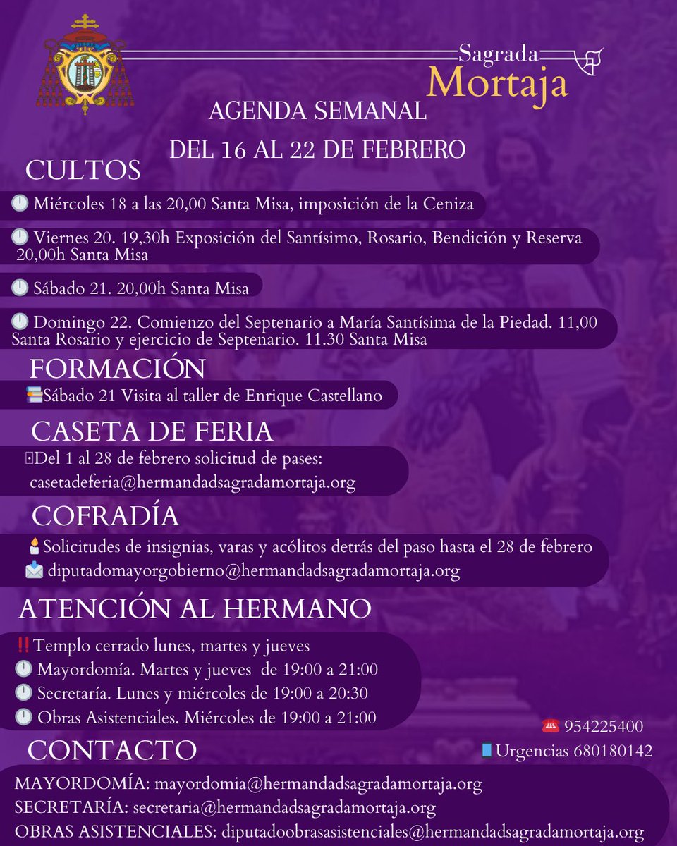 📅 Ya está disponible la agenda semanal de la Hermandad de la Sagrada Mortaja: cultos, horarios y actividades.
👉 Consúltala en la imagen y síguenos en nuestro nuevo canal de WhatsApp para no perderte nada.

#SagradaMortaja #Sevilla