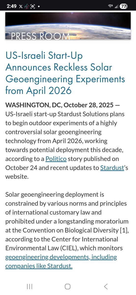 Coming to your home. US/Israeli  🇮🇱 🇺🇸  startup, stardust solutions plan to start blocking the American sunshine in April &amp; i just learned this is being funded in part by the Canadian 🇨🇦 government. Other countries are using Americans as lab rats ciel.org/news/us-israel…