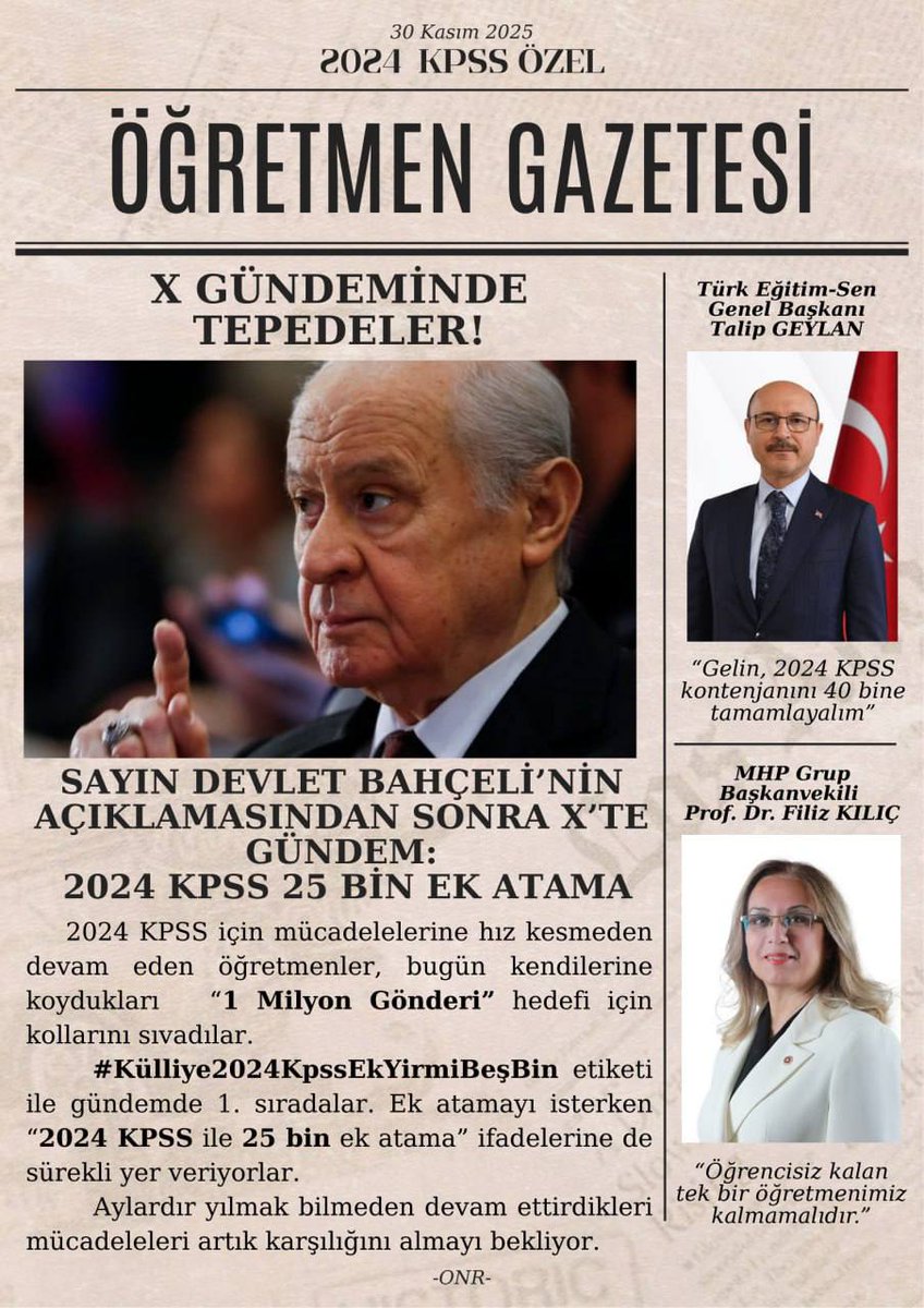<a href="/dbdevletbahceli/">Devlet Bahçeli</a> Düşük ve yetersiz kontenjanlar sadece bizi değil, yıllardır fedakârlık yapan ailelerimizi de çok üzdü.
Puan geçerliliğimiz için kanun teklifi verilmesini ve 2024 KPSS ile 25 bin ek atama yapılmasını rica ediyoruz.
Umudumuz Devlet Bey <a href="/dbdevletbahceli/">Devlet Bahçeli</a>, desteğiyle güç bulduğumuz