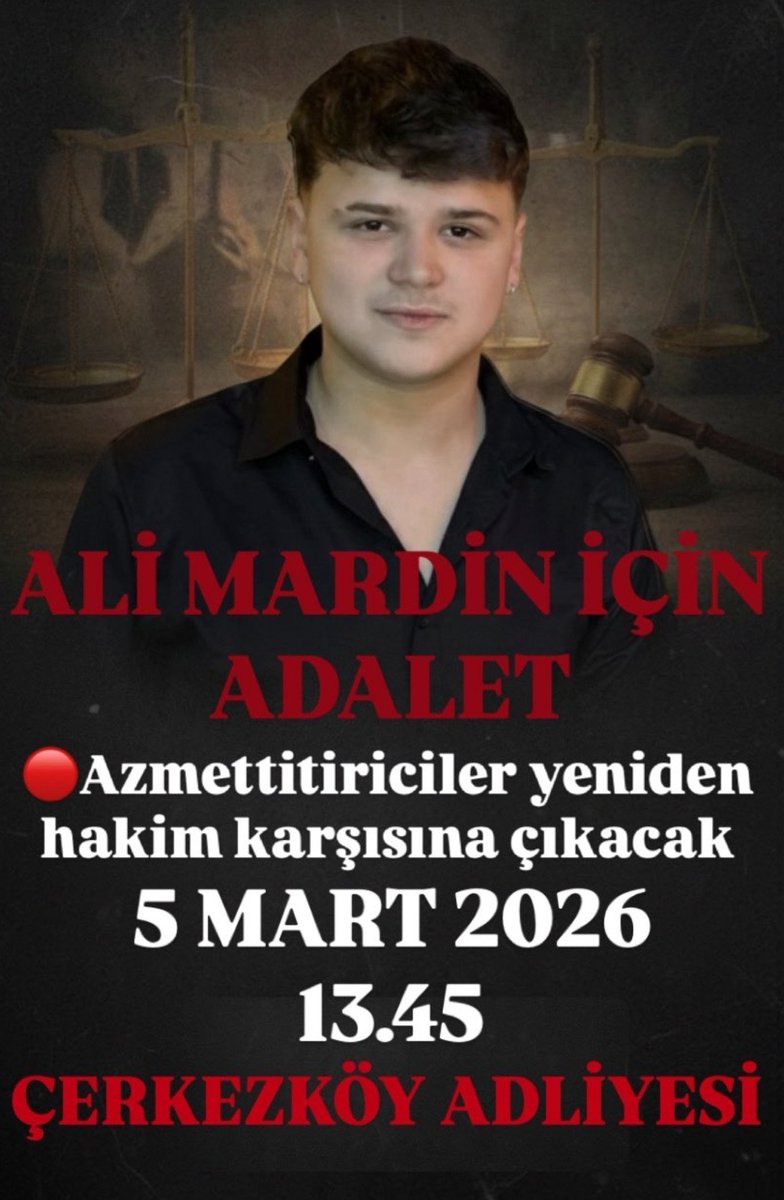 Ali Mardin 3 kişi tarafından Tekirdağ Çerkezköy’de pompalı tüfekle katledildi.Olayın failleri belli saldırı planlı ve vahşice gerçekleştirildi. Katillere müebbet hapis istiyoruz.
5 Mart 2026
Saat 13.45
Çerkezköy Adliyesi 
Ali Mardin için ses oluyoruz 
#AliMardinİçinAdalet