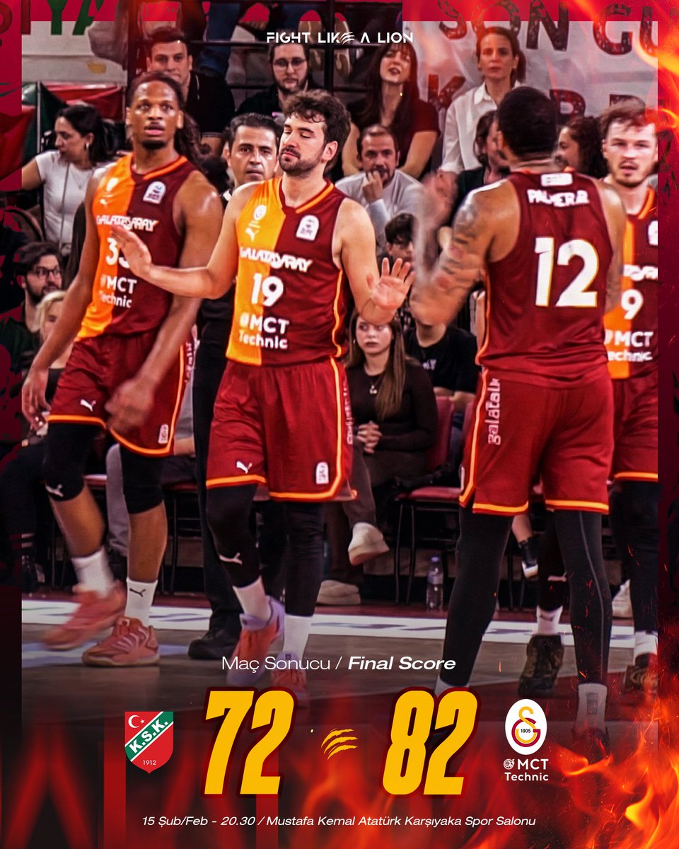 İzmir’de galip biziz! 💪

#AslanGibiSavaş 🦁

Maç Sonucu | 72-82
Karşıyaka vs. 𝗚𝗮𝗹𝗮𝘁𝗮𝘀𝗮𝗿𝗮𝘆 𝗠𝗖𝗧 𝗧𝗲𝗰𝗵𝗻𝗶𝗰

📊 Skor dağılımımız; Petrucelli 16, Palmer 12, Gillespie 10, Can 10, Buğrahan 10, Meeks 7, McCollum 6, Robinson 5, Muhsin 4, White 2