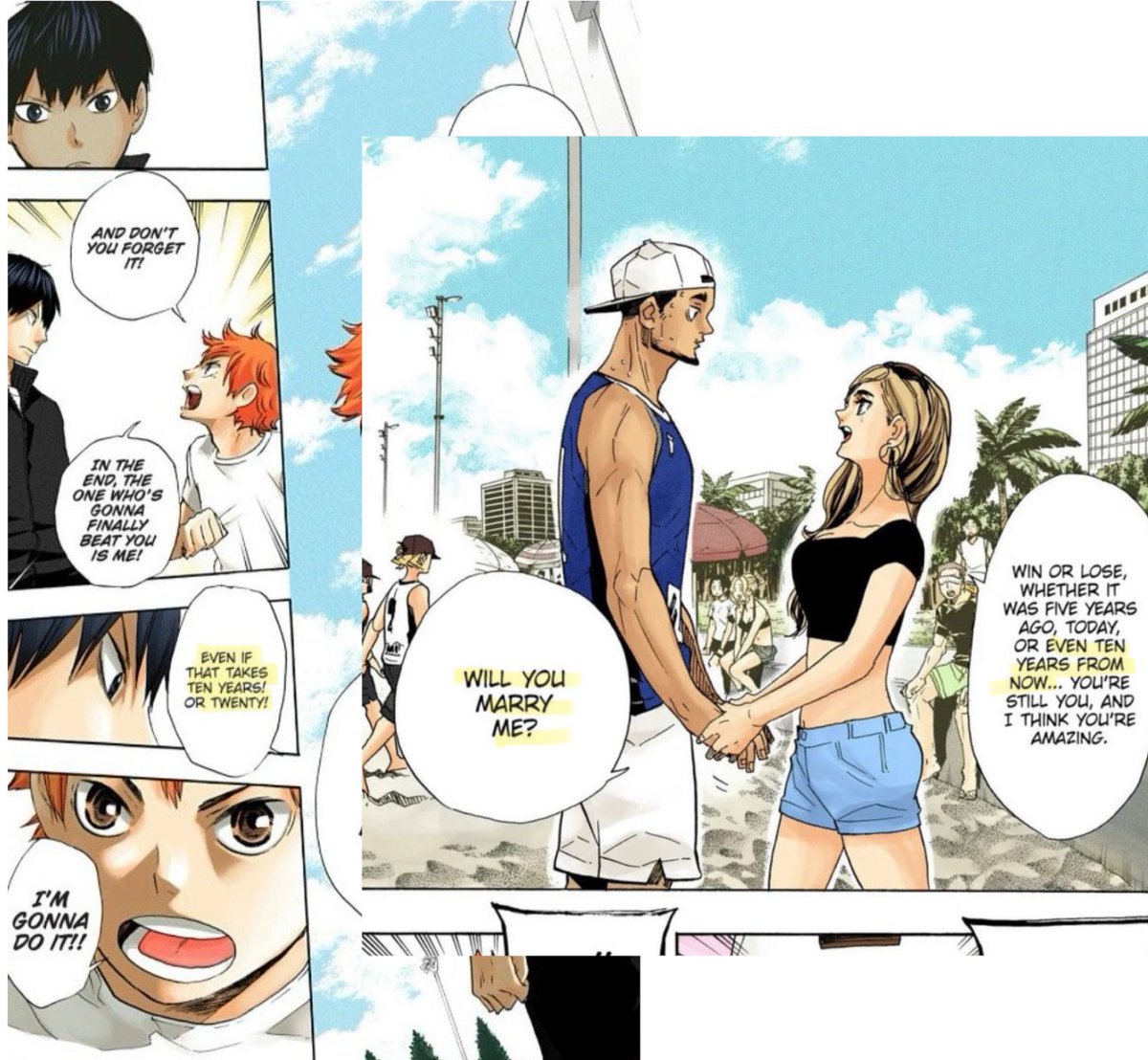 if i had a nickel for everytime there was a parallel in hq between a canon married couple and kagehina, i’d have two nickels, which isn’t a lot but it’s weird that it happened twice 🤔