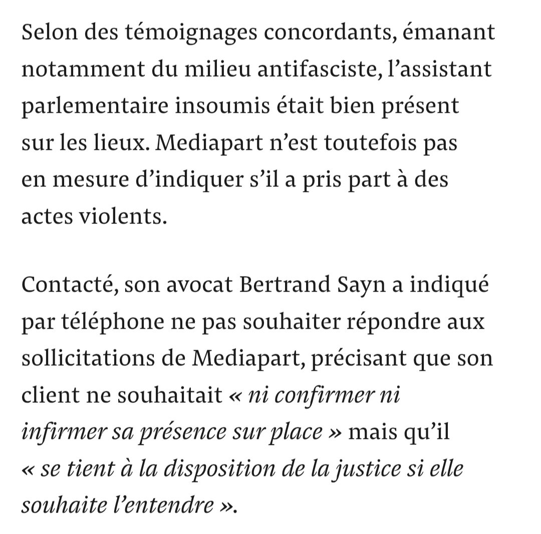 🔴 Jacques-Élie Favrot, assistant parlementaire du député LFI Raphaël Arnault, était bien sur les lieux du crime, rapporte Mediapart. #Quentin #JeuneGarde #antifa #ultragauche