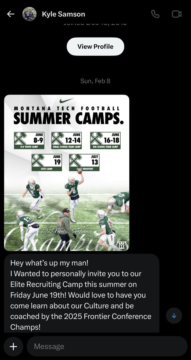 WillnerJr03's tweet photo. STOKED to receive a personal invite from @MonTechFootball Head Coach @CoachKyleSamson for the Elite Camp this Summer!! https://t.co/PX8tM7pJsS