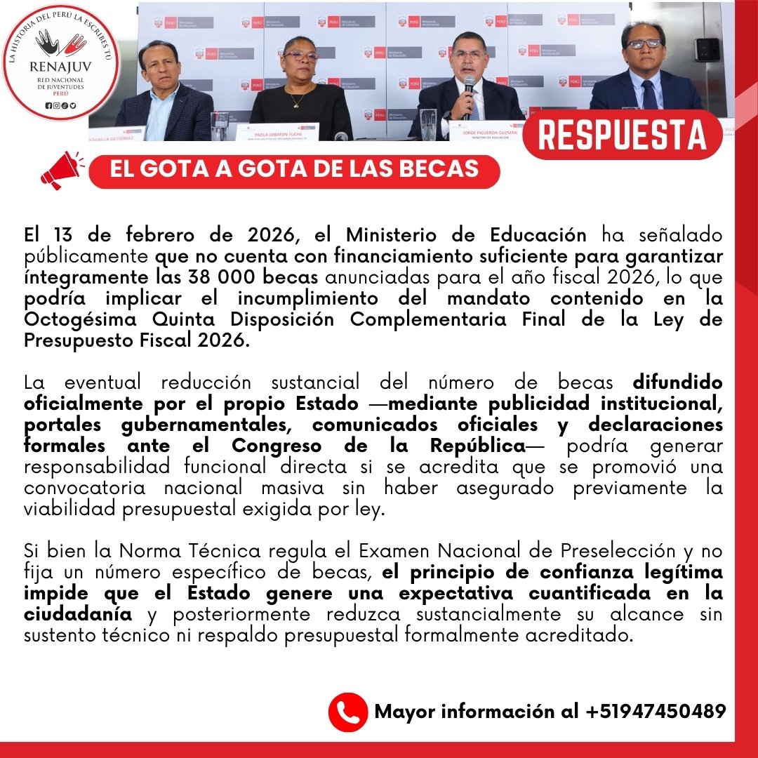 renajuv_peru's tweet photo. 📣RENAJUVTVDigital ​| RESPUESTA dirigida al @MineduPeru  y @Pronabec #RENAJUV Iniciará las acciones legales que corresponden en defensa de los derechos de los 89,191 postulantes de pobreza y pobreza extrema #Beca18 #BecaPermanencia #BecaTec #PCM #MINEDU https://t.co/UlADqQrWaF