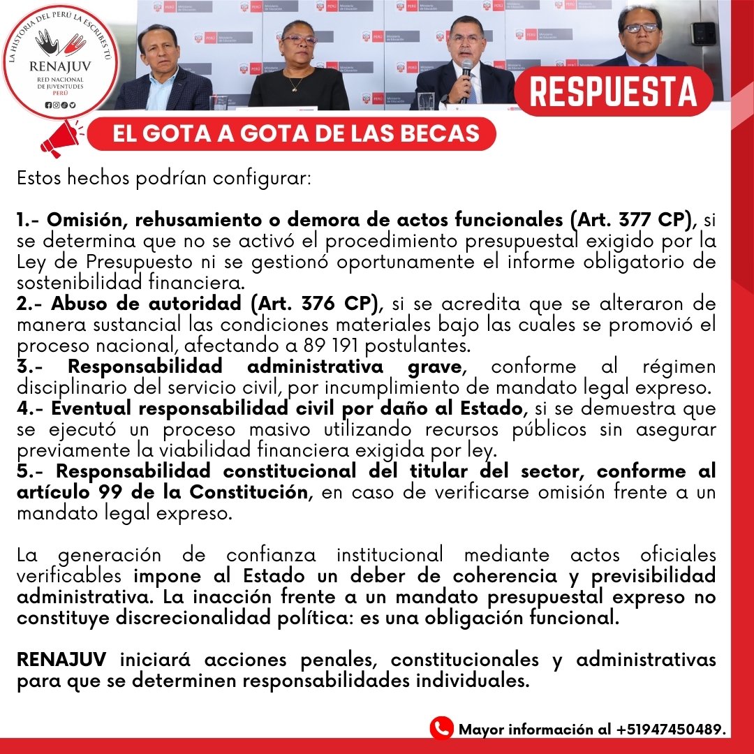 renajuv_peru's tweet photo. 📣RENAJUVTVDigital ​| RESPUESTA dirigida al @MineduPeru  y @Pronabec #RENAJUV Iniciará las acciones legales que corresponden en defensa de los derechos de los 89,191 postulantes de pobreza y pobreza extrema #Beca18 #BecaPermanencia #BecaTec #PCM #MINEDU https://t.co/UlADqQrWaF