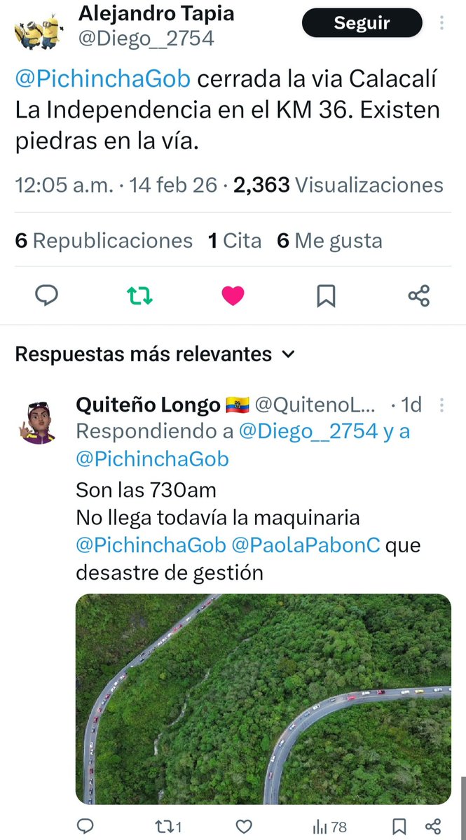 QuitenoLongo's tweet photo. Ineptos 
@PaolaPabonC recibió la notificación a las 12 de la noche 
Y recién a las 9am empezaron los trabajos 
Consecuencia 
14 de feb completamente colapsada la vía 
Pasamos 16h en el auto para llegar a Esmeraldas https://t.co/HfsxxBzH4E