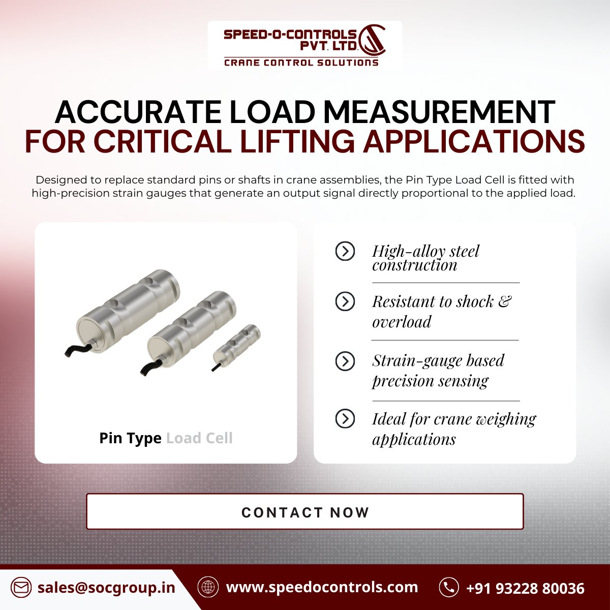SpeedOControls's tweet photo. Accurate lifting starts with accurate measurement.
Pin Type Load Cells from Speed-O-Controls replace standard crane pins to deliver real-time, high-precision load monitoring.
Stronger safety. Smarter lifting.
#LoadMonitoring #CraneSafety #MaterialHandling #SpeedOControls https://t.co/DxWs7wpApn