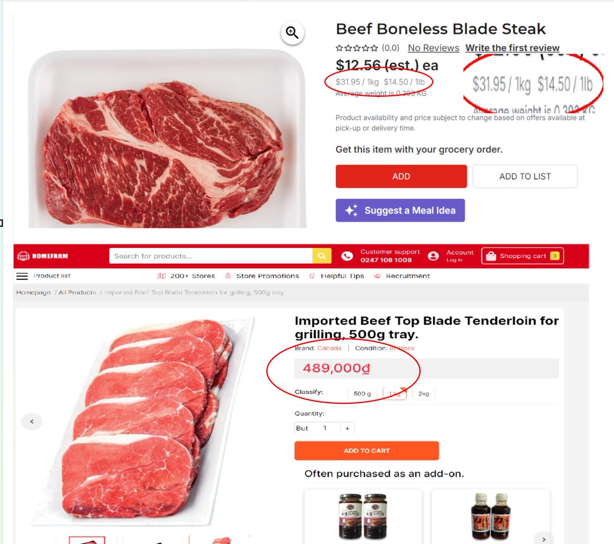 Tablesalt13's tweet image. 🚨HOLY CRAP

They're selling Canadian beef IN VIETNAM

FOR CHEAPER than we get it here in Canada

Look at this -- Superstore in Canada is selling Blade steaks for $32/kg 

while 

In Vietnam, 1KG of Canadian blade beef is 489,000 DNG ($25 CAD) 

WTF MAN!!!