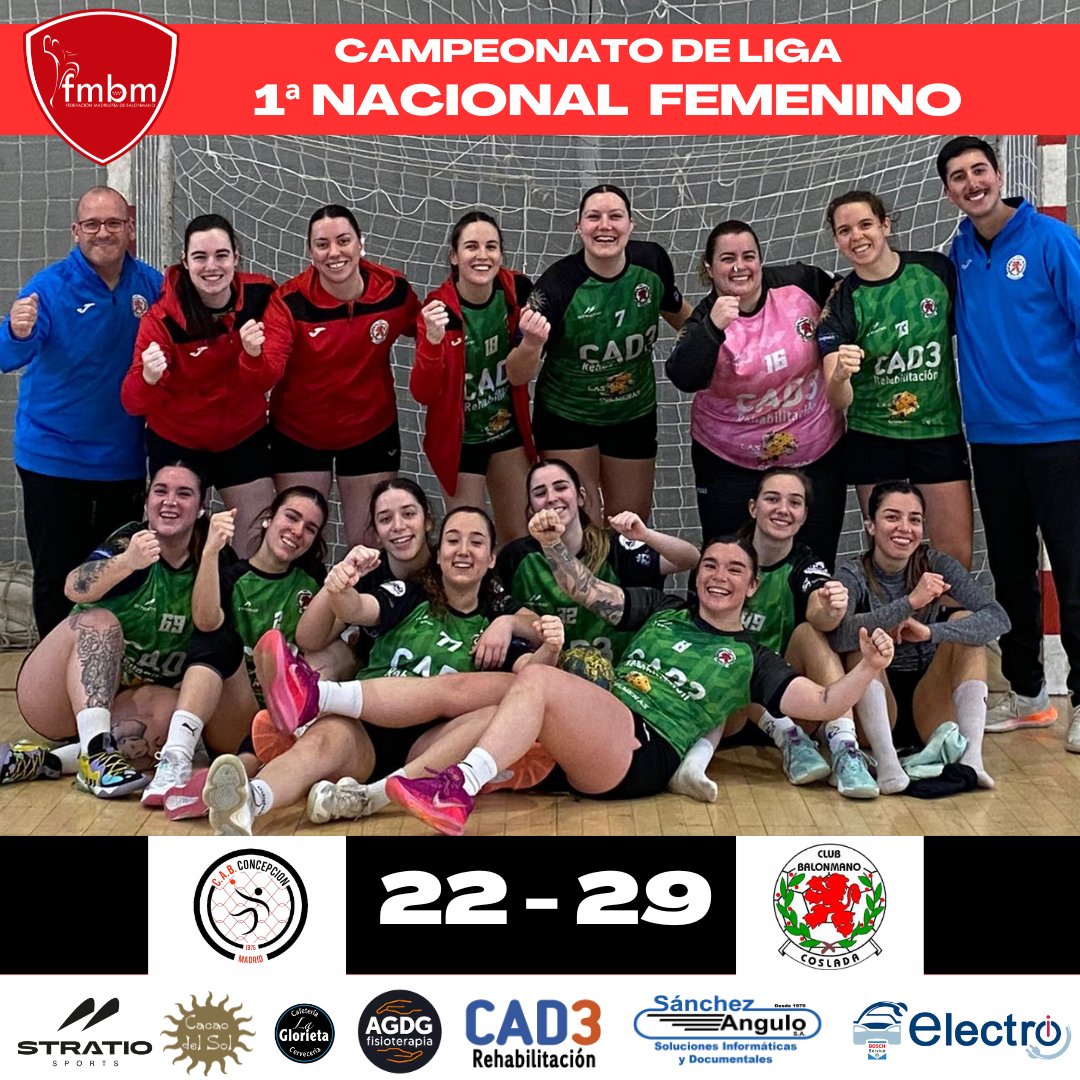 CAMPEONATO DE LIGA 🤾‍♂️🤾

🤾‍♂️Jornada 15 de febrero (1ª Nacional Femenino)

➡️J14
CAB Conce 22 🆚 BM Coslada 29

#vamoscoslada❤️💚

#patrocinadores
cad3servicios.com
@electroicoslada
@fisioterapia_agdg
<a href="/sanchezangulo/">nysa</a>.sa
<a href="/cacaodelsol/">Cacao Del Sol Chocolate Shop</a>.es
@stratiosports