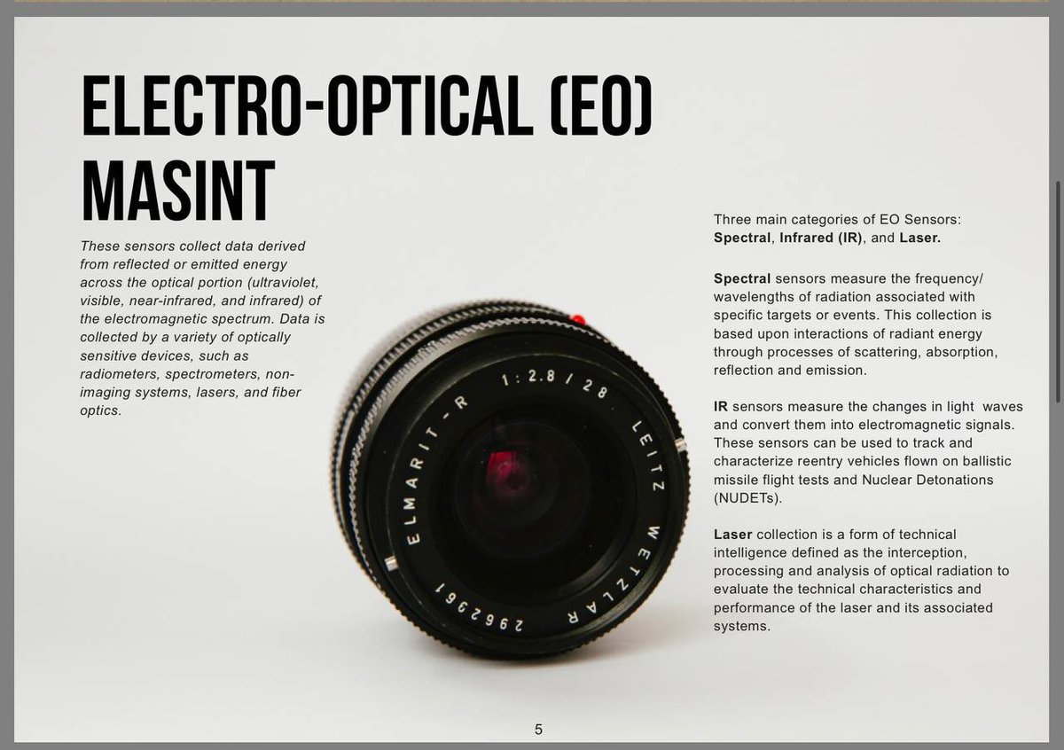 F_K_Factor's tweet photo. DNI MASINT
Measurement &amp; Signature Intelligence

ELECTRO-OPTICAL (EO)
MASINT

“These sensors collect data derived from reflected or emitted energy across the optical portion (ultraviolet, visible, near-infrared, and infrared) of the EM spectrum”

https://t.co/9DQouv6qwv

#MASINT https://t.co/VTikYdDsDL