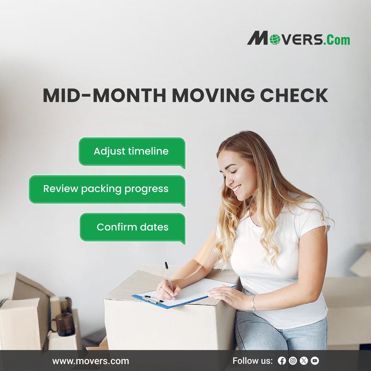 MoversCom's tweet image. 📅 A mid-month check helps keep your move on track.

Visit Movers.com for expert moving tips and compare movers for free.

#MovingChecklist #MovingPrep #MovingTips #PlanYourMove #MoveSmart #StayOnTrack #CompareMovers #FindMovers #MoversDotCom