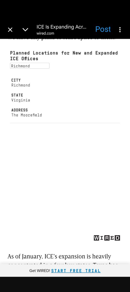 DGarnerRVA's tweet photo. Based on this data, Richmond will have an ICE office in use in Chesterfield, right near Chesterfield Town Center. I'm glad WIRED and others are tracking something this important. https://t.co/viNwdvpM5m
